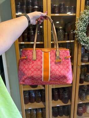 Coach Signature Stripe Drawstring Carryall Tote and Matching Zip Wallet Set Pink